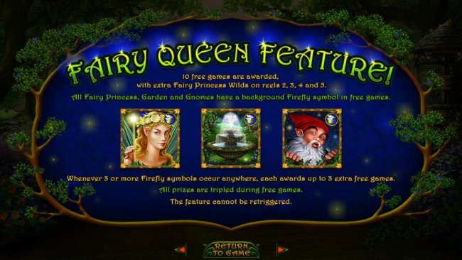 Fairy Queen Feature - 10 free games are awarded, with extra Fairy Princess wilds on reel 2, 3,4 and 5 - Free Slots 247