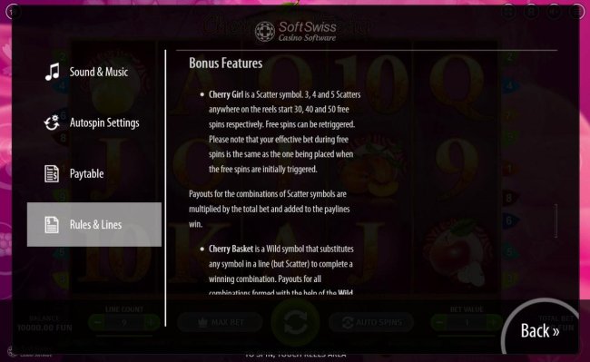 Cherry Girl is a scatter symbol. Three or more scatters anywhere on the reels starts 30, 40 or 50 free spins respectively. Cherry Basket is a wild symbol that substitutes any symbol in a line (but scatter) to complete a winning combination. by Free Slots 