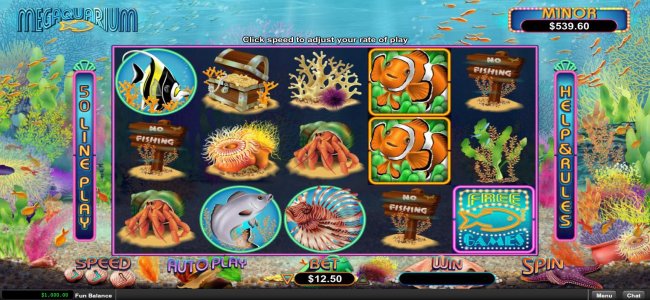 A fish themed main game board featuring five reels and 50 paylines with a progressive jackpot max payout. by Free Slots 247
