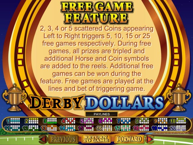 Free Game Feature - 2, 3, 4 or 5 scattered coins appearing left to right triggers 5, 10, 15 or 25 free games respectively. by Free Slots 247