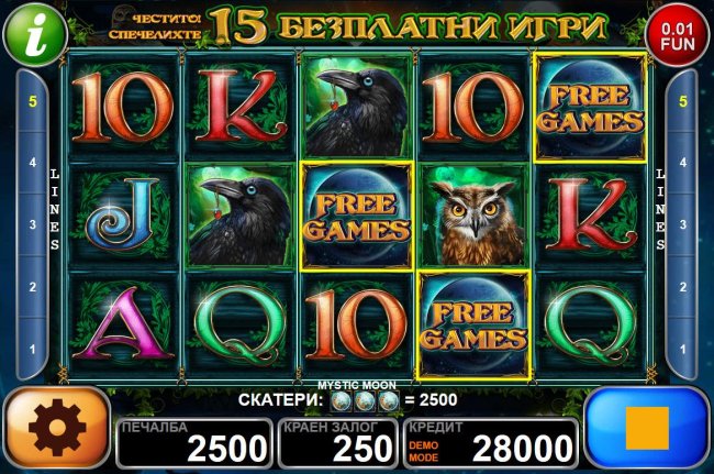 Three full moon scatters triggers a 2500 coin award and triggers free games. by Free Slots 247