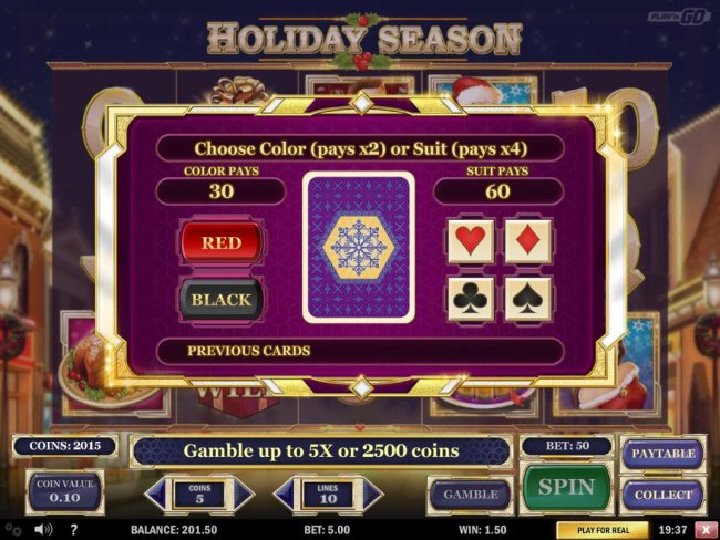 Gamble Feature - To gamble any win press Gamble then select color or a suit. - Free Slots 247