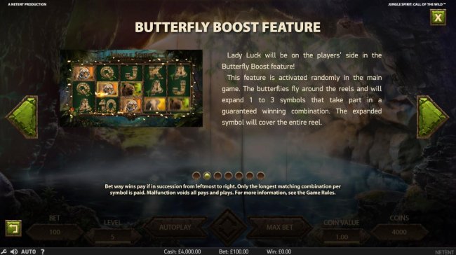 Butterfly Boost Feature - This feature is activated randomly in the main game. The butterfllies fly around the reels and will expand 1 to 3 symbols that take part in a guaranteed winning combination. - Free Slots 247