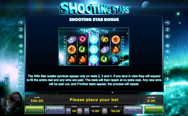 Shooting Star Bonus - The Wild Star symbols appear only on reels 2, 3 and 4. If any land in view they will expand to fill the entire reel and any wins are paid. by Free Slots 247