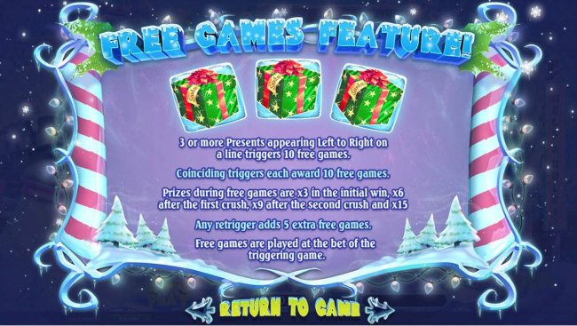 Free Slots 247 - Free Games feature - 3 or more presents appearing left to right on a line triggers 10 free games. Coinciding triggers each award 10 free games.