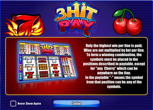 Free Slots 247 - Only the highest win per line is paid. Wins are not multiplied by bet per line. To form a winning combination, the symbols must be placed in the positions described in paytable, except for any cherry which can be anywhere on the line...