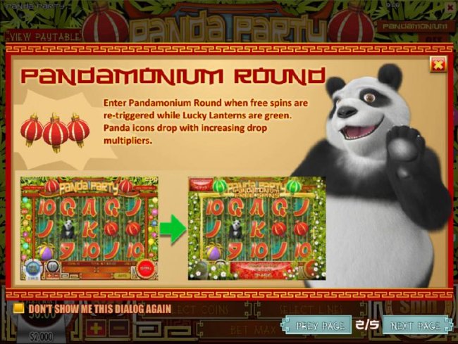 Enter Pandamonium Round when free spins are re-triggered while Lucky Lanterns are green. Panda icons drop with increasing drop multipliers. by Free Slots 247