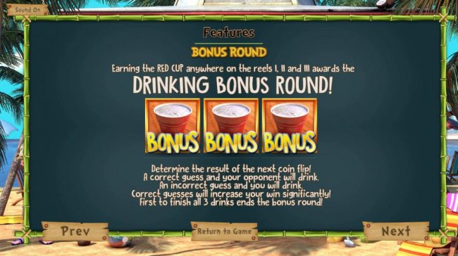 Bonus Rpund - Earning the Red Cup anywhere on the reels 1, 2 and 3 awards the Drinking Bonus Round! Determine the result of the next coin flip! A correct guess and your opponent will drink. An incorrect guess and you will drink. Correct guesses will incre