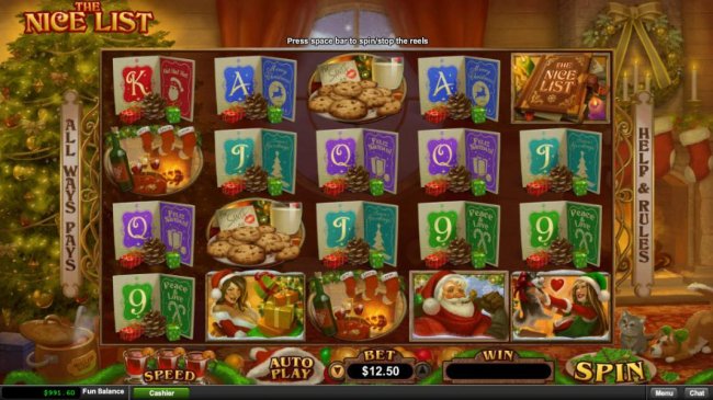 Main game board based on a Christmas holiday theme, featuring five reels and 1024 winning combinations with a $25,000 max payout by Free Slots 247