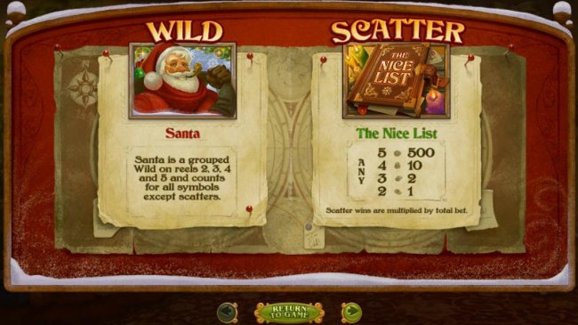Free Slots 247 - Wild symbol is represented by Santa and is a grouped wild on reels 2, 3, 4 and 5 and counts for all symbols except scatters. Scatter symbol is represented by the Nice List book icon and pays 500x for a five of a kind