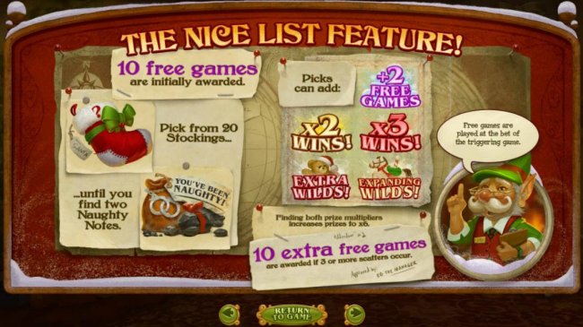 The Nice List feature consists of 10 free games initially. Pick from 20 stockings until you find two Naughty Notes. by Free Slots 247