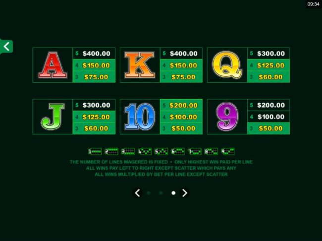 Low value game symbols paytable and payline diagrams 1-9. - Free Slots 247