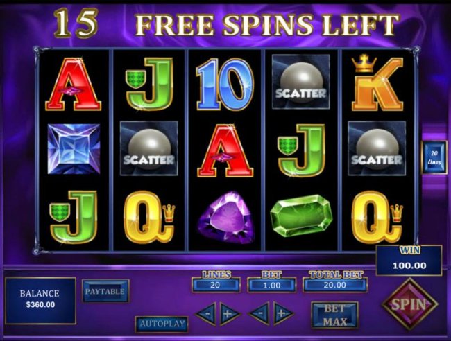 Three pearl scatter symbols triggers 15 free spins by Free Slots 247