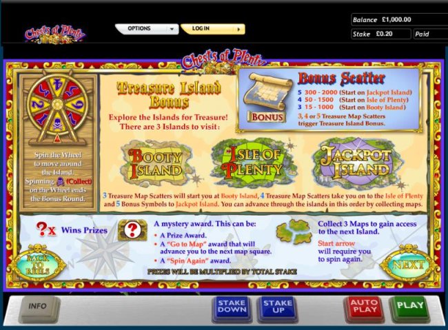 Chests of Plenty slot game treasure island bonus, bonus scatter by Free Slots 247