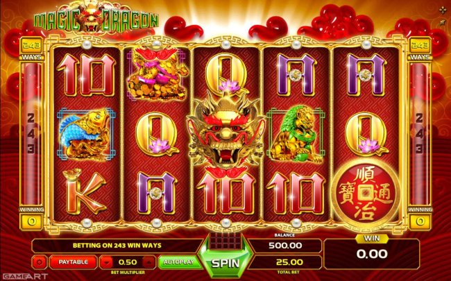 Main game board featuring five reels and 243 winning combinations with a $1,250 max payout. - Free Slots 247