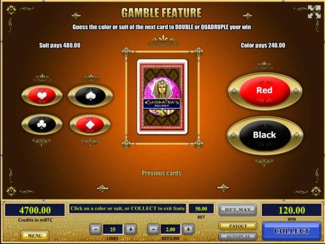 Free Slots 247 - Gamble Feature - To gamble any win press Gamble then select color or a suit.
