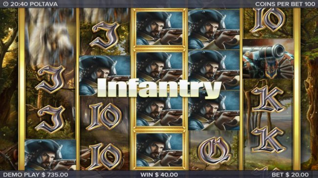 Free Slots 247 - Infantry Marching Reels triggered by stacked riflemen on reel 3. All other reels are respun.