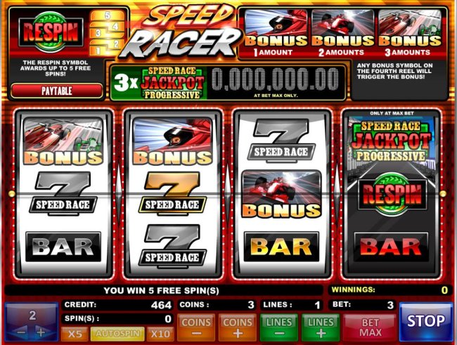 Playing max bet activates the 4th reel. Here we have a respin triggering 5 free games. by Free Slots 247