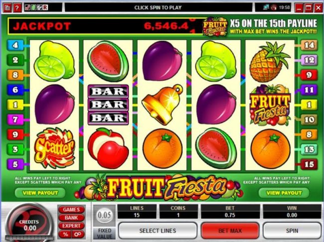 Free Slots 247 - Main game board featuring five reels and 15 paylines with a JACKPOT payout