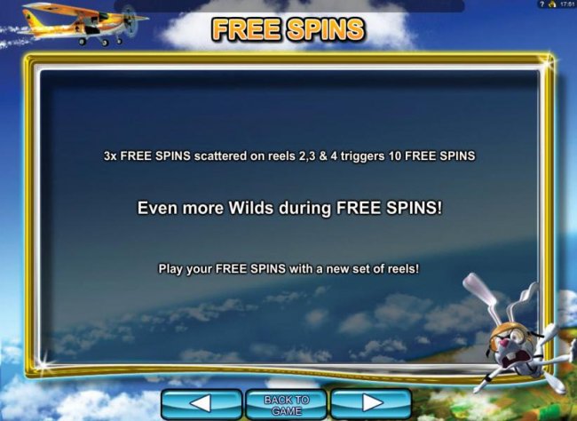 Three sky diving rabbit free spins scatter symbols on reels 2, 3 and 4 triggers 10 free spins. Even more wilds during free spins! - Free Slots 247