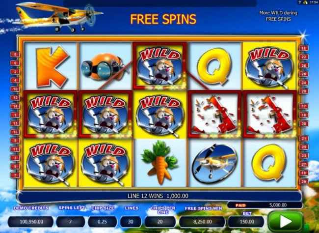 A quartet of sky diving rabbit wilds combine with the game logo symbols on reel 1 leading to an awesome 3,250.00 super win. - Free Slots 247