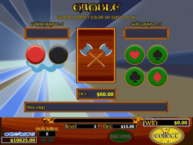 Gamble feature is available after each winning spin. Select color or suit to play. - Free Slots 247