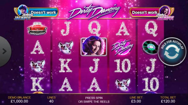 An American musical romance film themed main game board featuring five reels and 40 paylines with a progressive jackpot max payout - Free Slots 247