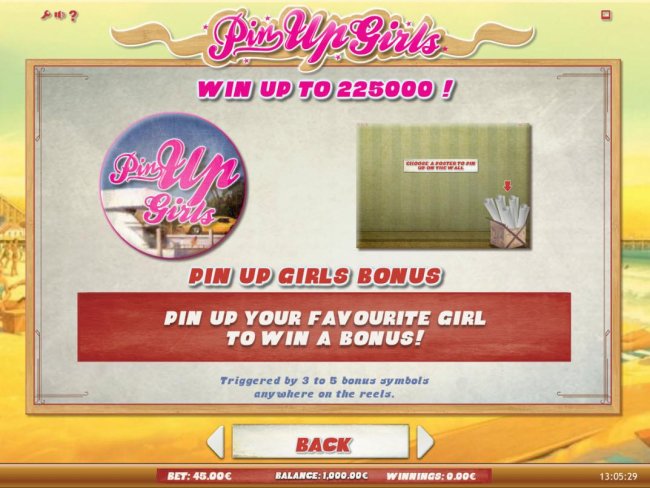 Free Slots 247 - Win up to 225,000! Pin Up Girl Bonus - Pin up your favorite girl to win a bonus! Triggered by 3 to 5 bonus symbols anywhere on the reels