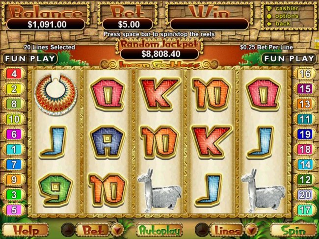 A Incan themed main game board featuring five reels and 20 paylines with a $250,000 max payout by Free Slots 247