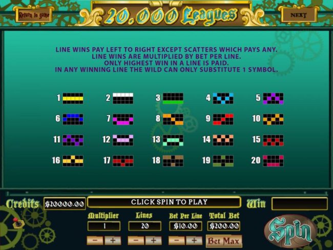 Payline Diagrams 1-20 Line wins pay left to right except scatters which pays any. - Free Slots 247