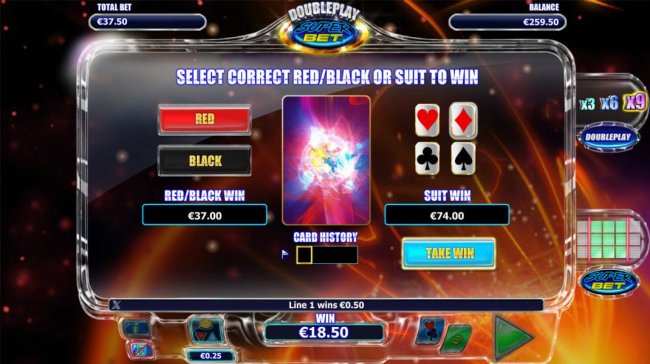 Gamble feature is available after each winning spin. Select color or suit to play. - Free Slots 247