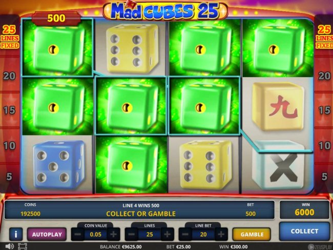 A 6000 coin jackpot triggered by multiple winning green dice by Casino Bonus Lister