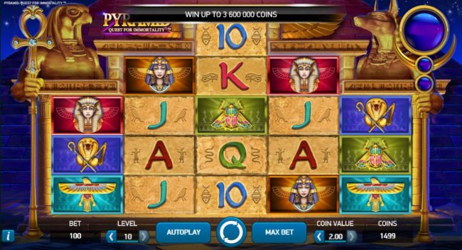 Free Slots 247 - Main game board featuring five reels and 720 winning combinations with a $3,600,000 max payout. Game is based on an ancient Egyptian theme.