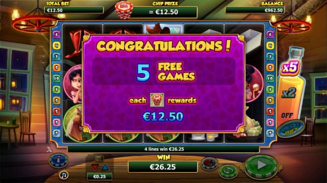 Cowboy on any reel triggers five free games and each chipstack rewards what your initiam base game bet is. by Free Slots 247