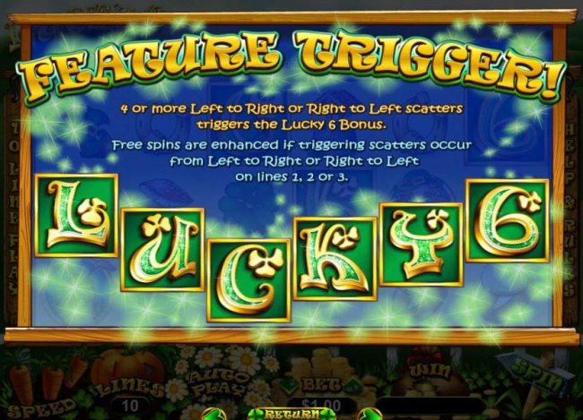 Feature Trigger - 4 or more left to right or right to left scatters triggers the Lucky Bonus. Free spins are enhanced if triggering scatters occur from left to right or right to left on lines 1, 2 or 3. - Free Slots 247