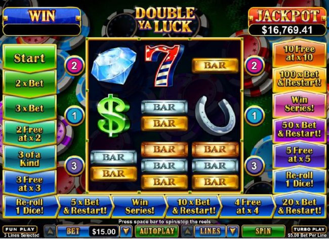 Main game board featuring three reels and 3 paylines with a progressive max payout by Free Slots 247