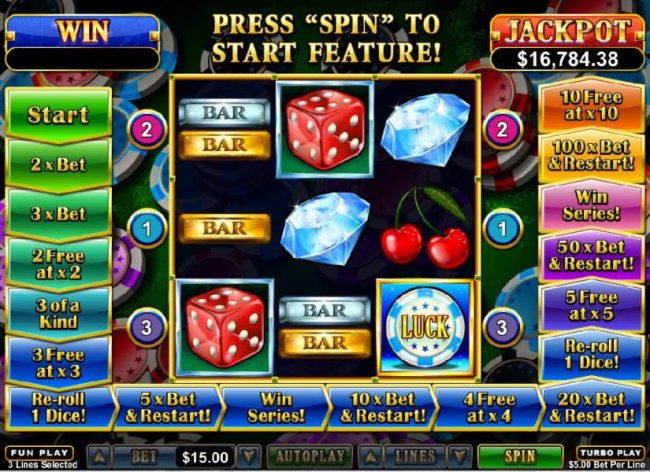 A pair of dice scatter symbols on reels 1 and 2 triggers the bonus feature by Free Slots 247