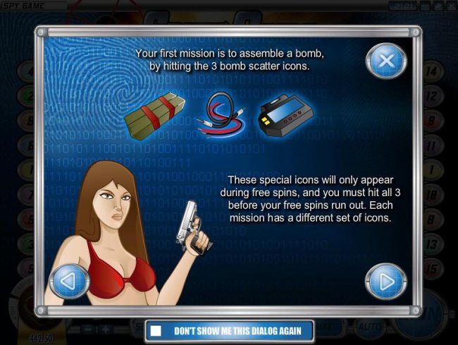 your first mission is to assemble a bomb by hitting the 3 bomb scatters - Free Slots 247