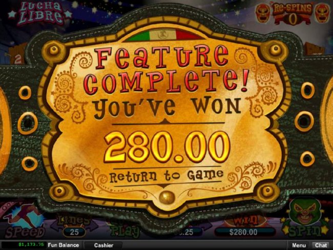 Feature completed and paid out a total of 280.00 for a big win. - Free Slots 247