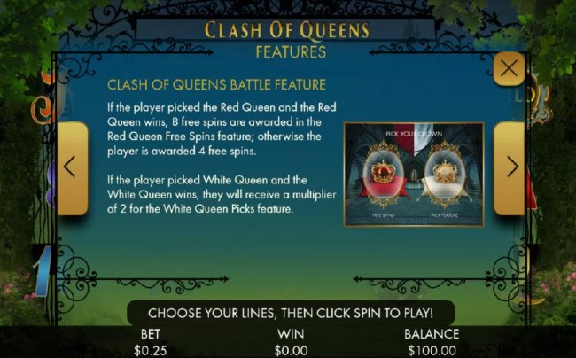 Free Slots 247 - If the player picked the Red Queen and the Red Queen wins, 8 free spins are awarded in the Red Queen Free Spins feature; otherwise the player is awarded 4 free spins.