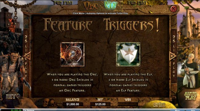 Free Slots 247 - Feature Triggers - 3 or more Orc Shields or Elf Shields in normal games triggers respective bonus feature.