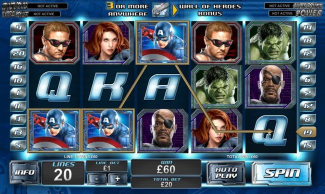 three Captain America symbols triggers a 60 coin jackpot - Free Slots 247