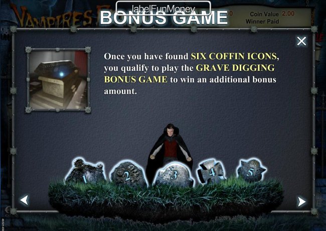 Find 6 coffins icons and you qualify to play the Grave Digging Bonus Game. by Free Slots 247