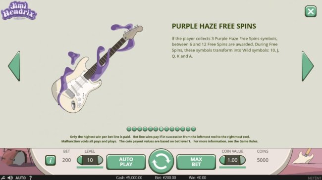 Purple Haze Free Spins - If player collects 3 Purple Haze Free Spins symbols, between 6 and 12 free spins are awarded. During Free Spins, these symbols transform into wild symbols, 10, J, Q, K and A. - Free Slots 247