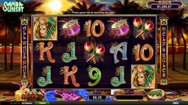 Main game board featuring five reels and 243 winning combinations with a progressive jackpot max payout by Free Slots 247