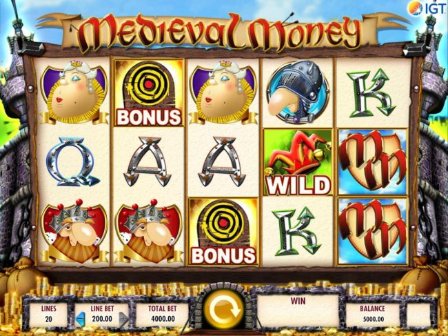 Free Slots 247 - A medieval themed main game board featuring five reels and 20 paylines with a $250,000 max payout