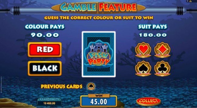 Gamble feature game board is available after every winning spin. For a chance to increase your winnings, select the correct color or suit for a chance to double or quadruple your winnings.. - Free Slots 247