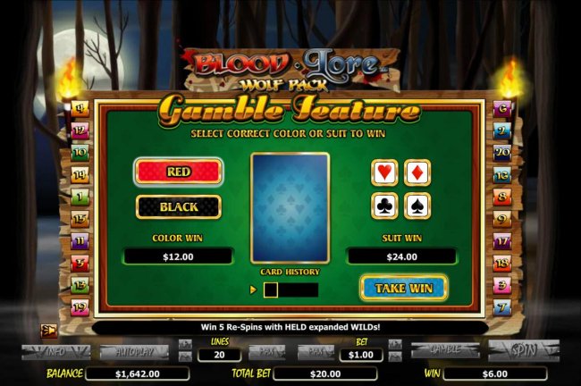 Gamble Feature - To gamble any win press Gamble then select color or a suit. - Free Slots 247