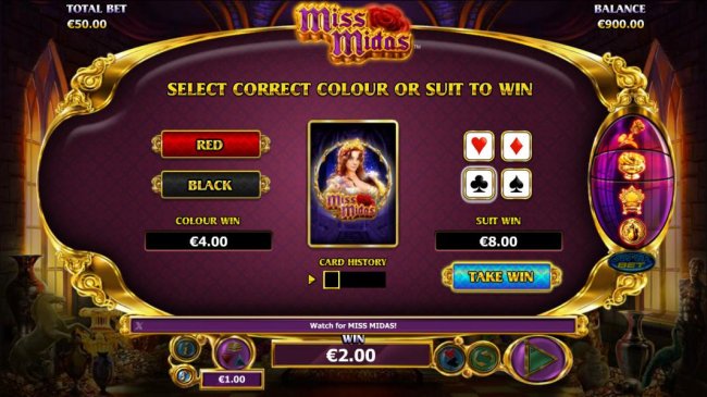Gamble feature is available after each winning spin. Select color or suit to play. by Free Slots 247