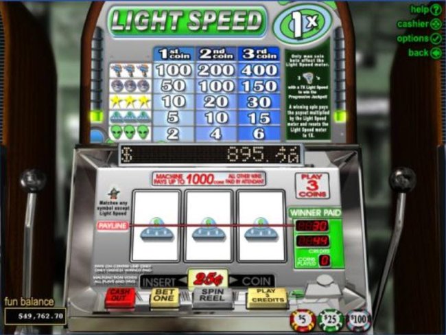 An alien themed main game board featuring three reels and 1 payline with a progressive jackpot max payout - Free Slots 247